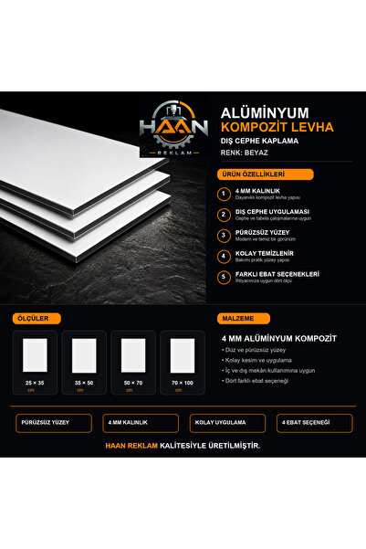 HAAN REKLAM 4 mm Alüminyum Kompozit Panel Levha | CNC ve Lazer Kesime Uygun |...