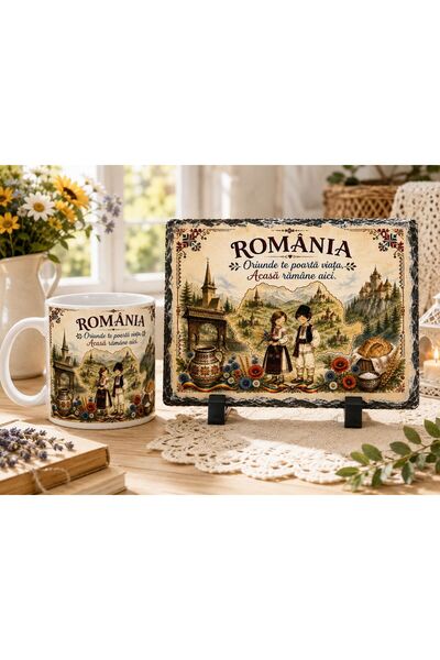 hiperborea Set Cadou România – Cană Ceramică și Ardezie Naturală Personalizată