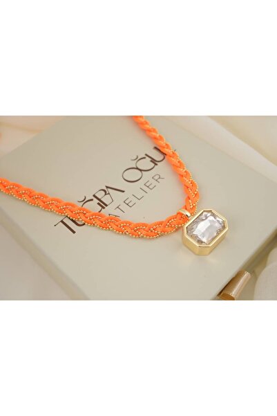 ATELİER TUĞBA Ykl138 Square Stone Cord Knitted Necklace