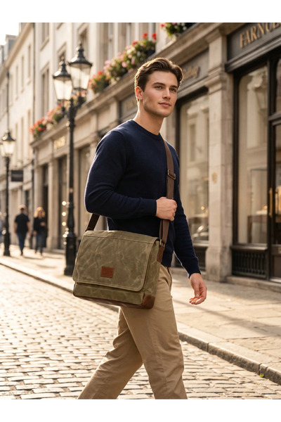OLD COTTON BAGS Canvas Shoulder Bag Camel Unisex Genuine Leather Detailed Laptop and Tablet Compatible Vintage 32X40X10 cm