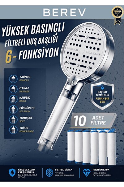 Berev 6 Fonksiyonlu Krom Filtreli Duş Başlığı 10 Adet Yedek Filtre Su Tasarru...