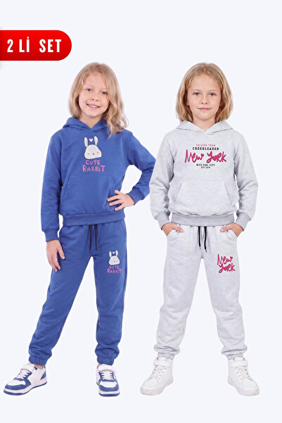 FYK KİDS Girl's 2-Piece Printed Kangaroo Pocket Hooded Tracksuit Set