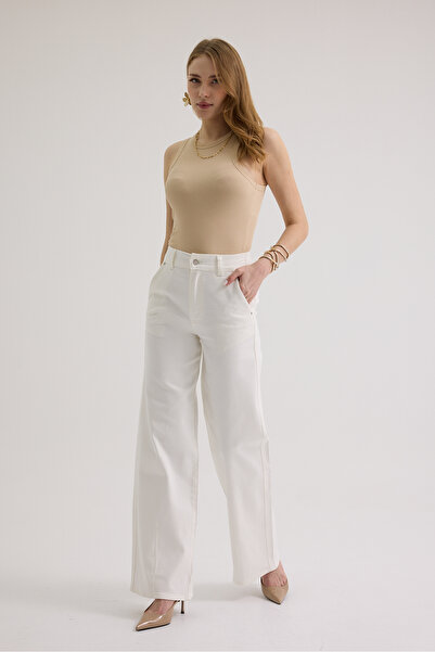 cracpot Women's Cream Wide Leg Jean Pants – High Waist Comfort Fit Loose Leg ...