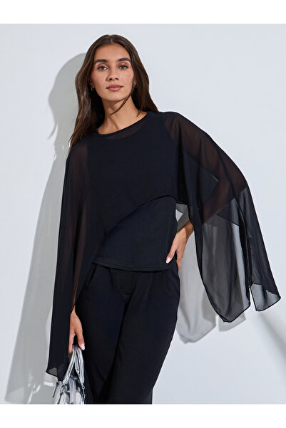 Styli Black Solid Sleeveless Knit Top with Cape