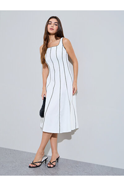 Styli Off White Piping Detail Square Neck A-Line Midi Dress