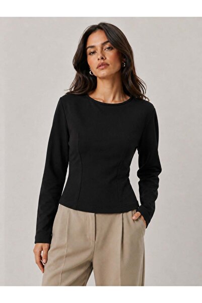 Sortie Women's Ribbed Front Detailed Long Sleeve Crew Neck Modal Blouse Black