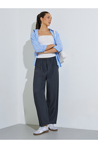Styli Navy Blue Mid Rise Straight Leg Pants with Side Pocket