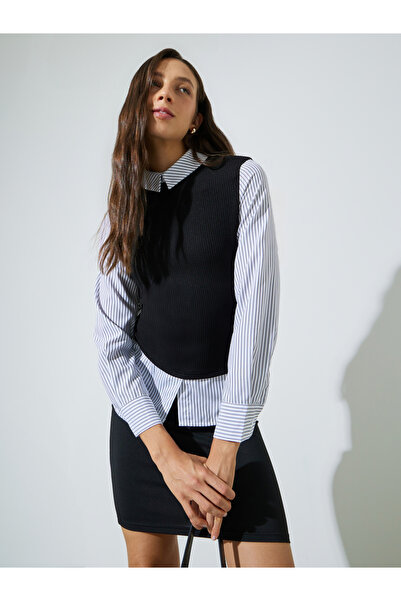 Styli Black Striped Long Sleeve Shirt with Ribbed Knit Attached Vest