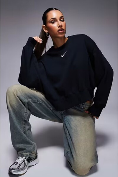 Nike NSW Phoenix Fleece Crew Oversize Kesim Siyah Kadın Sweatshirt