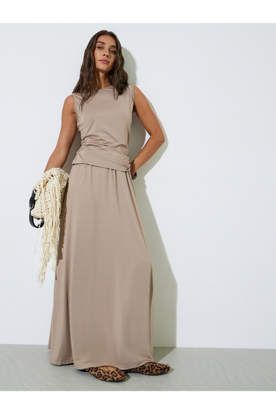 Styli Khaki Solid Knit Top and A-Line Maxi Skirt Co-Ords