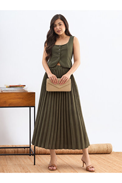 Sassafras By Styli Olive Sleeveless Waistcoat And Pleated Skirt Co-Ord Set