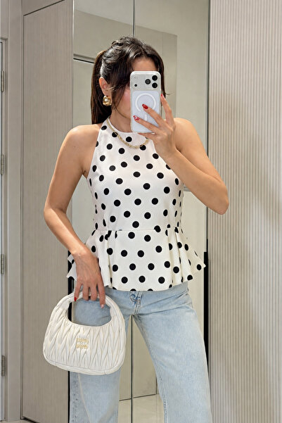 Gizem Ecemiş Magy Beyaz Puantiyeli Balon Model Bluz