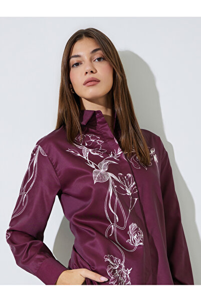 Styli Burgundy Floral Print Long Sleeves Shirt