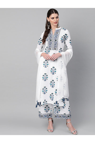 Libas By Styli White Printed Cotton Straight Kurta with Palazzo Set