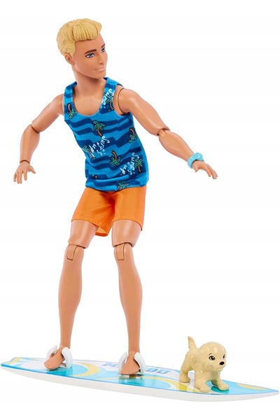 Barbie KEN SURFER BLOND DE PLAJĂ + FIGURINĂ CÂINE ȘI ACCESORII HPT50