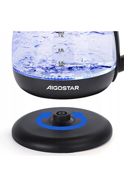 AIGOSTAR Fierbător electric fără fir din sticlă, 1L, 1850-2200W