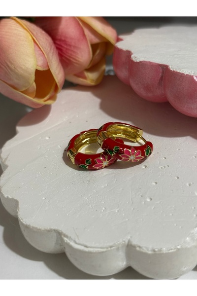 MODA Maisonlune Red Enamel Flower Pattern Steel Hoop Earrings Gold Color Wome...