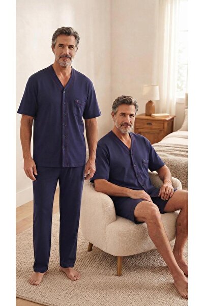 KLY PİJAMA KLY 8006-1 طقم بيجامة أزرق داكن 100% قطن بأزرار وياقة على شكل V وأ...