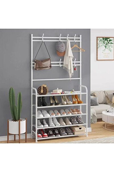 MACVI Metal Coat Rack with 4 Shelves, White, Self-Assembly