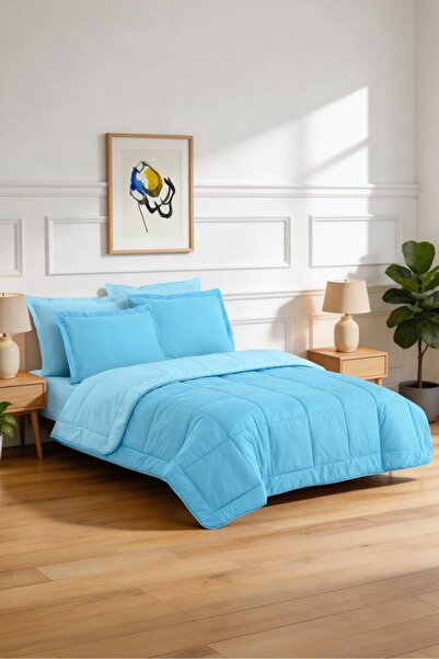 Menderes Home La Notte Ranforce Solid Colors Blue Double Bed Set 195X215 + 16...