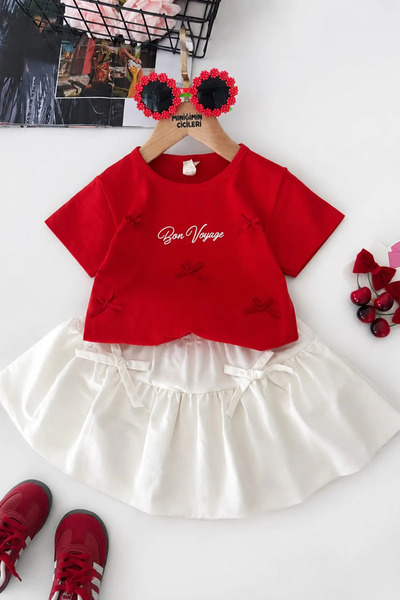 Minigimin Cicileri Bon Voyage Bowknot Detailed Girls' Balloon Skirt Set - Red
