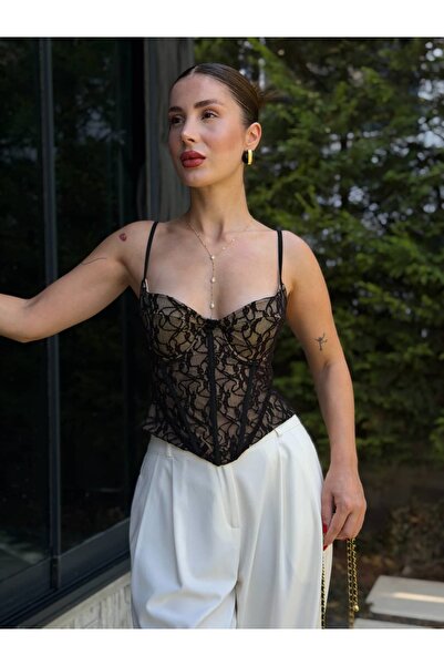 YK FASHION Dantel Arkadan Çapraz Bağlama Crop