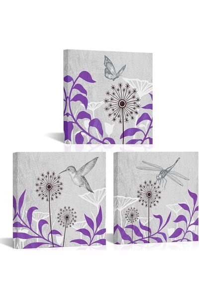 HOME MODE 30x30 cm 3 Panel Gallery Wrapped Canvas | Purple Dandelion Nature W...