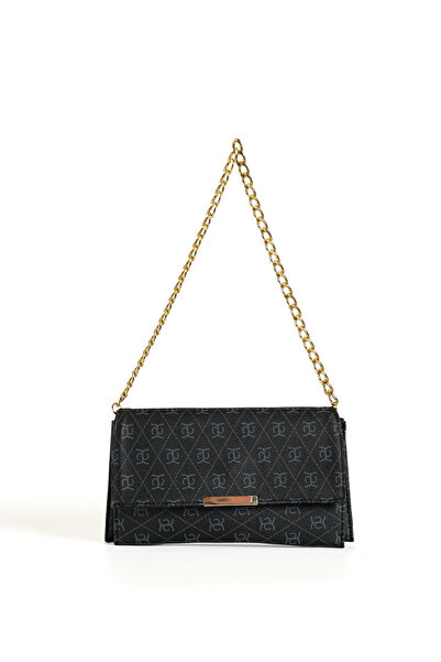 Zeyne Women's Black Chain Strap Shoulder Bag and Wrist Strap Portfolio Handba...