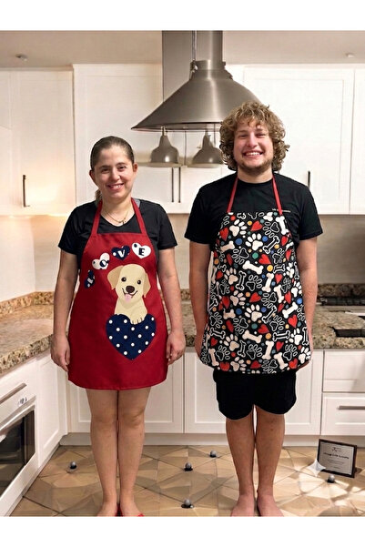 KEDİ Cute Friends Themed Set of 2 Kitchen Aprons (Paw and Dog Design)