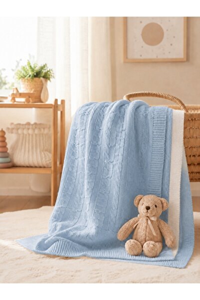 Pure Boutique Paturica bebe tricotata bleu imblanita 85x100 cm pentru patut s...