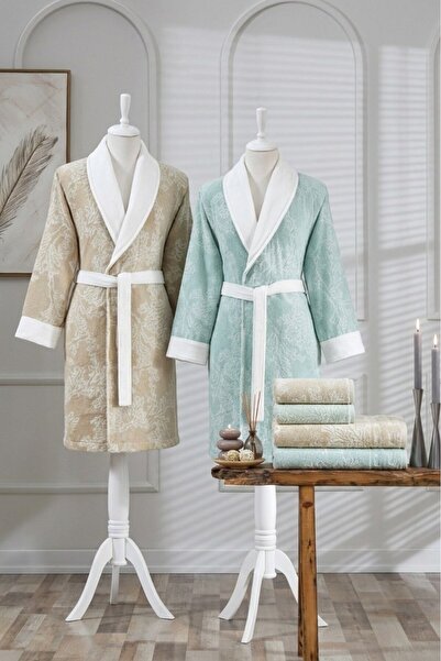 Özdilek Finery Family Bathrobe Set - Beige Green