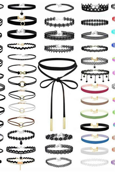 VeeShop Set 60 coliere choker, catifea, dantela si tattoo choker colorate