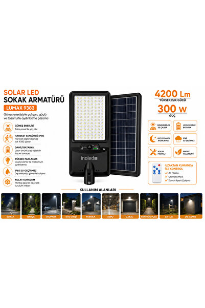 Masfitech Lumax 9383 Solar LED Sokak Armatürü 300W 4200Lm Hareket Sensörlü IP65 Güneş Enerjili Dış Mekan Aydınlatma