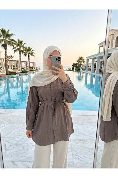 Kirazca Butik قميص نسائي من القماش المجعد مع حزام للحجاب