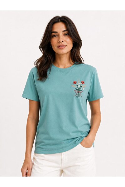 yubistitch Women's Demet Floral Embroidered Lycra Combed Cotton Short Sleeve ...