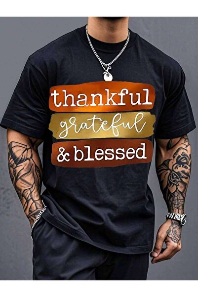 26LIK Casualslim Thanksgiving-Themed-Shirt Fashionable Black Base Shirt With ...