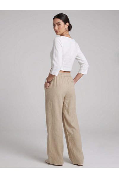 ALFATEKS ANTAKYA Women's Beige Linen Wide Leg Pants High Waist Elastic Waist Summer Trousers Palazzo