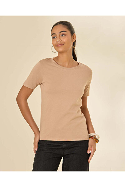 REDTAG Women Taupe Short Sleeve Crew Neck T-Shirt