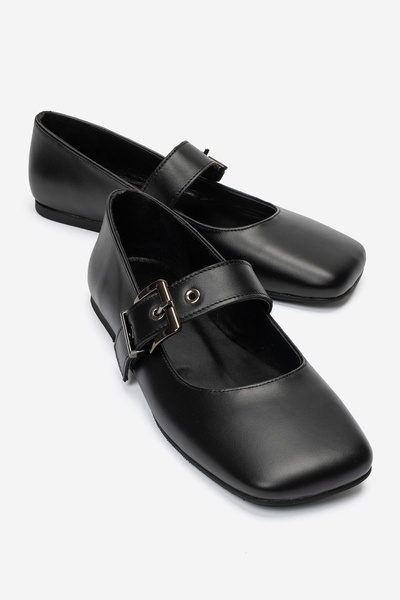 LuviShoes حذاء باليه نسائي من الجلد الأسود الأصلي من JONAS مع حزام