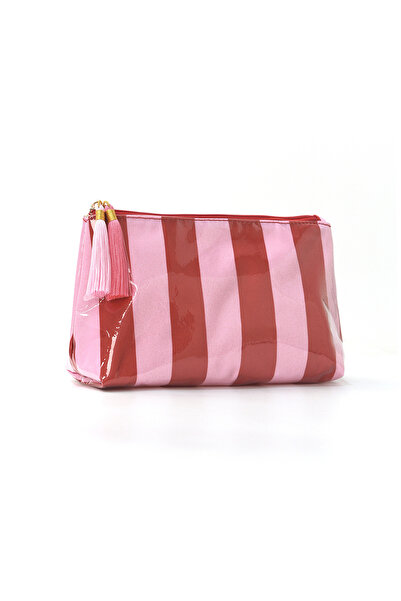 Choice3 PinkRed-Striped PVC Striped Cosmetic Bag Makeup Bag with Fringe and Z...