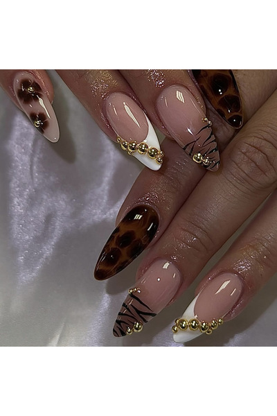 Choice6 3391 Medium fake nails for women Gradient nude brown blue flowers or ...
