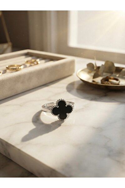 Meneva Aksesuar Black Color Clover Figured Silver Color Noble Design Adjustab...