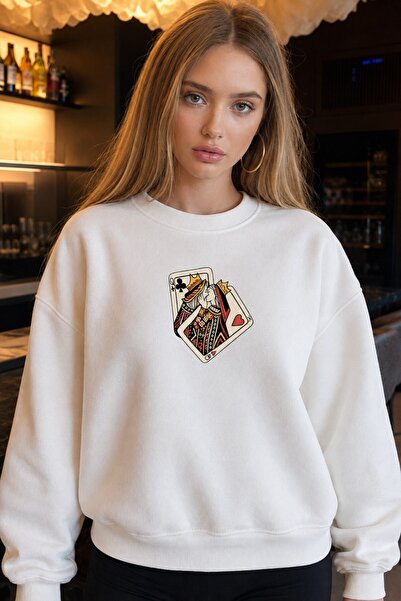 The Champ Clothing Дамски овърсайз суичър, бял, с принт  "Кралски карти " – К...