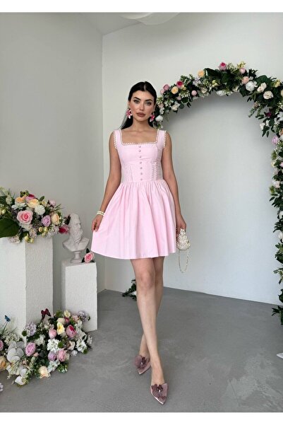 Clothes Fast Women's Pink Poplin Mini Dress with Square Collar and Button Det...