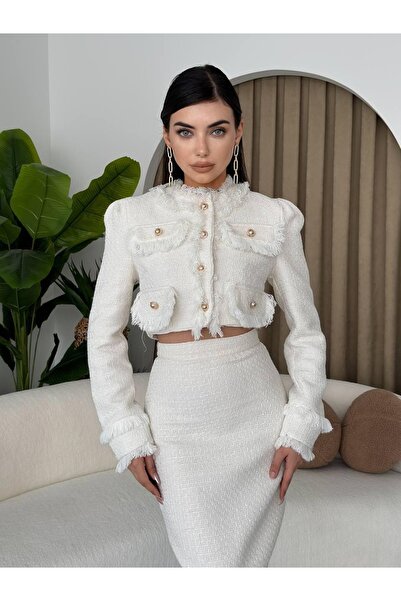 Moda Days Women's Ecru Jacket-Skirt Set Textured Buttoned Pocket Detailed Cro...