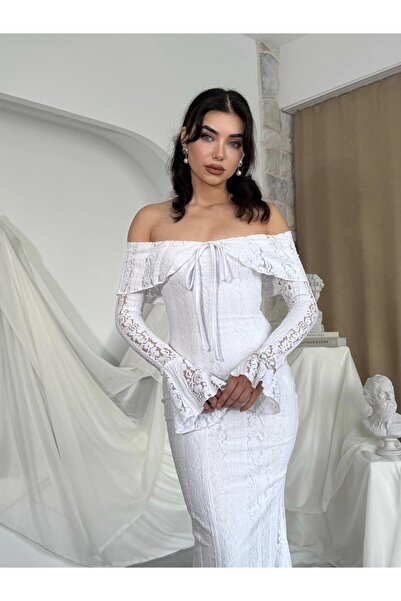 Moda Days فستان نسائي أبيض متوسط الطول بأكمام طويلة وتطريز دانتيل بدون أكتاف