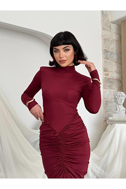 Moda Days Women's Burgundy Long Sleeve Turtleneck Backless Gathered Long Dress