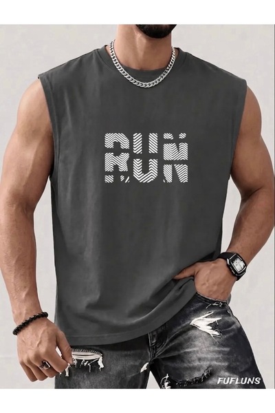 FUFLUNS تي شيرت رجالي بدون أكمام بطباعة RUN ذو تصميم عادي وياقة دائرية رياضية...