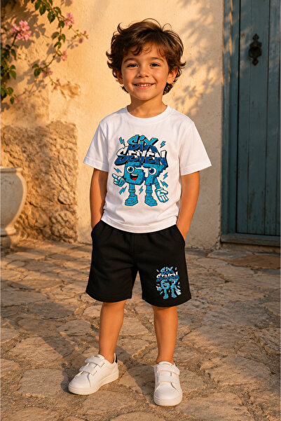 zepkids 67 Printed Boys' Black Color Cotton Shorts Set