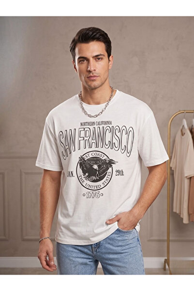 Flubutik White Sanfrancisco 1776 Organic Cotton Textured Comfort Fit Crew Nec...